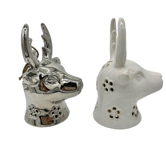 Set of 2 Reindeer Heads 1 Silver 1 White Ceramic 6in Tall x 3in Wide - Picture 4 of 9